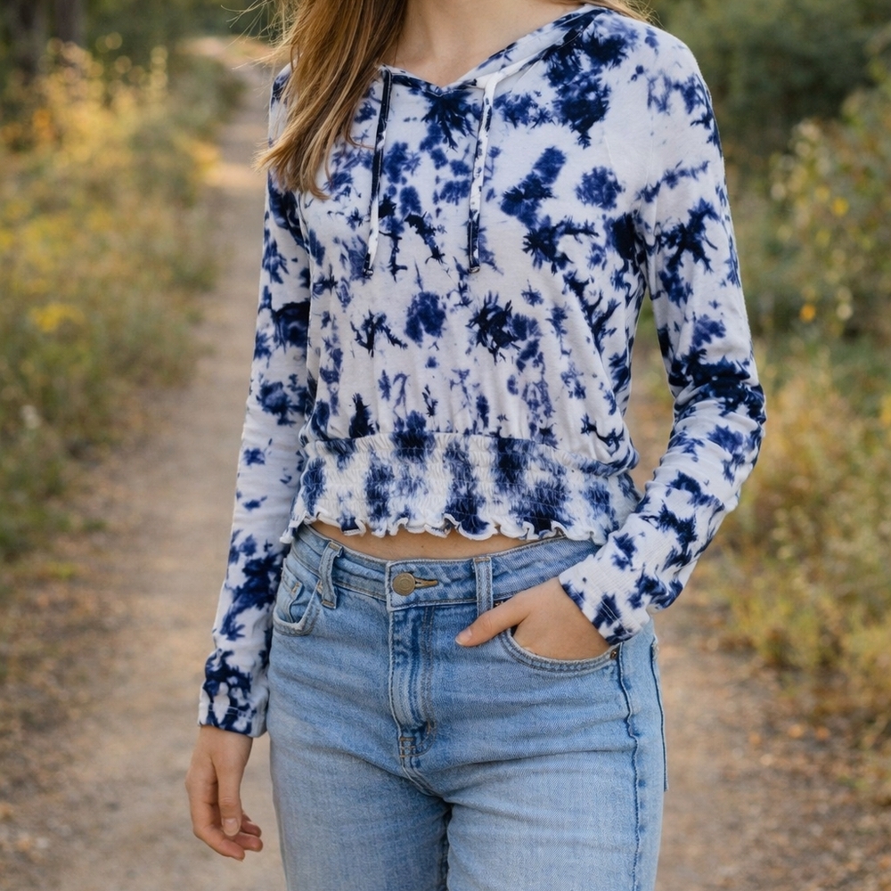Justice Girl's Tie-Dye Long Sleeve Front Tie Shirt Top Navy And White Size 12